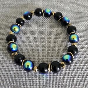 Handcrafted Glass Bead Gold Blue Stretch Bracelet
